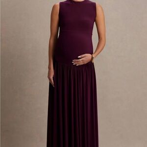 Club L London Plum Crew-Neck Maternity Maxi Dress With Pleated Skirt